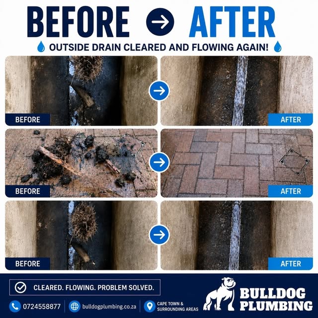 Before and after views of an outside drain cleared by Bulldog Plumbing